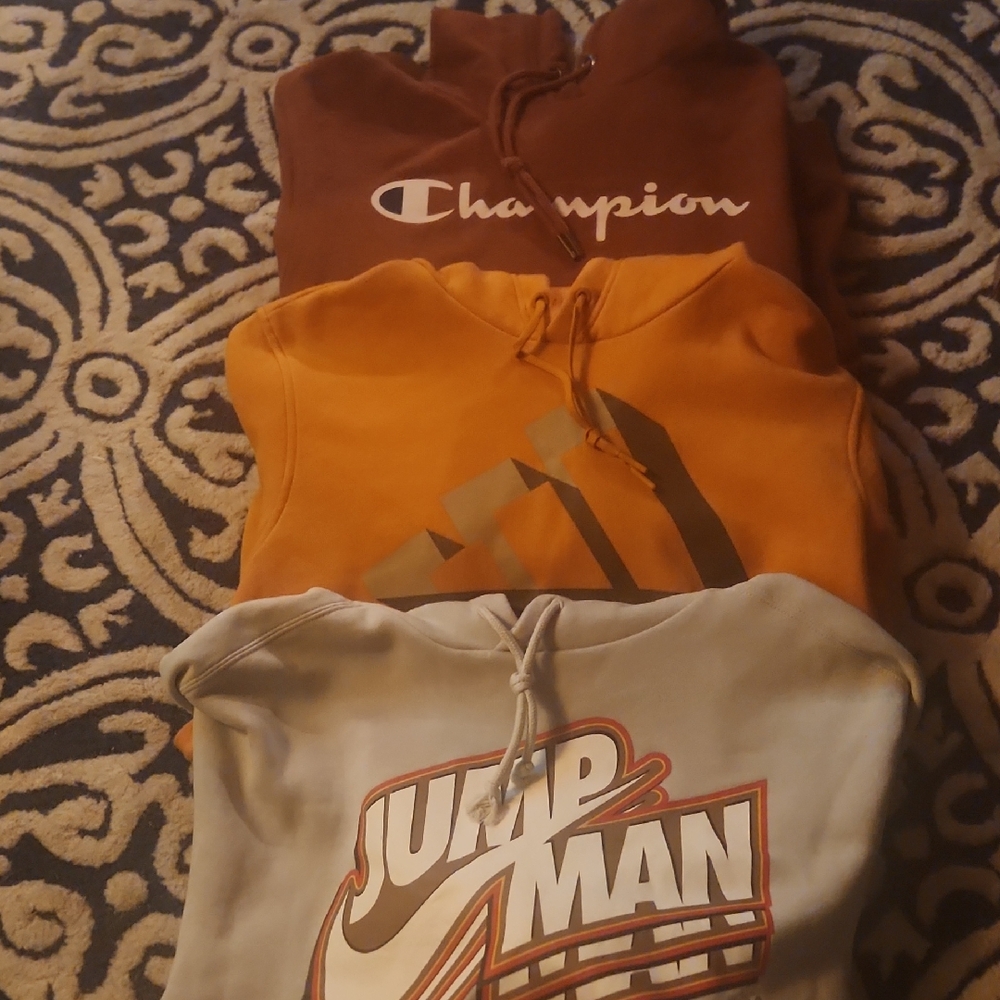 Champion and Jumpman Hoodies - Brown, Orange, Gray